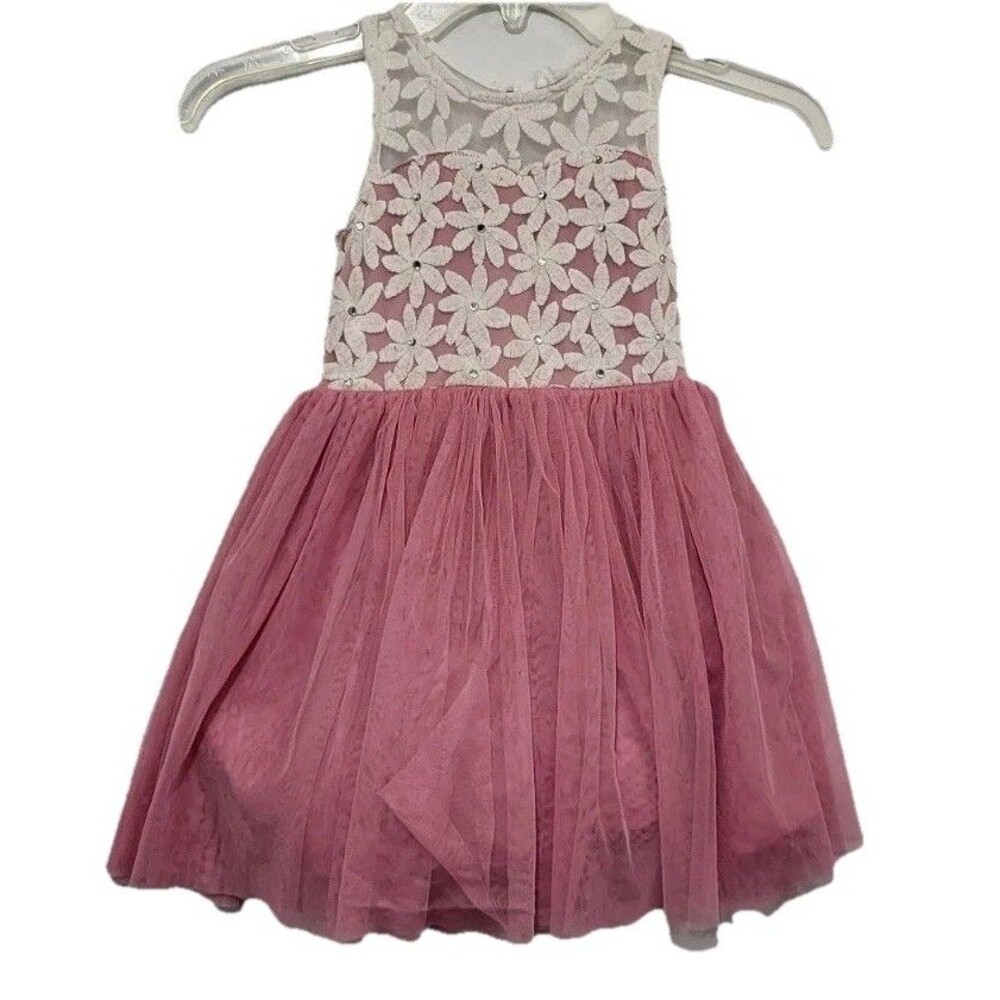 Beautees Girls Pink Tulle Party Dress Size 4 Sleeveless Floral Lace Overlay